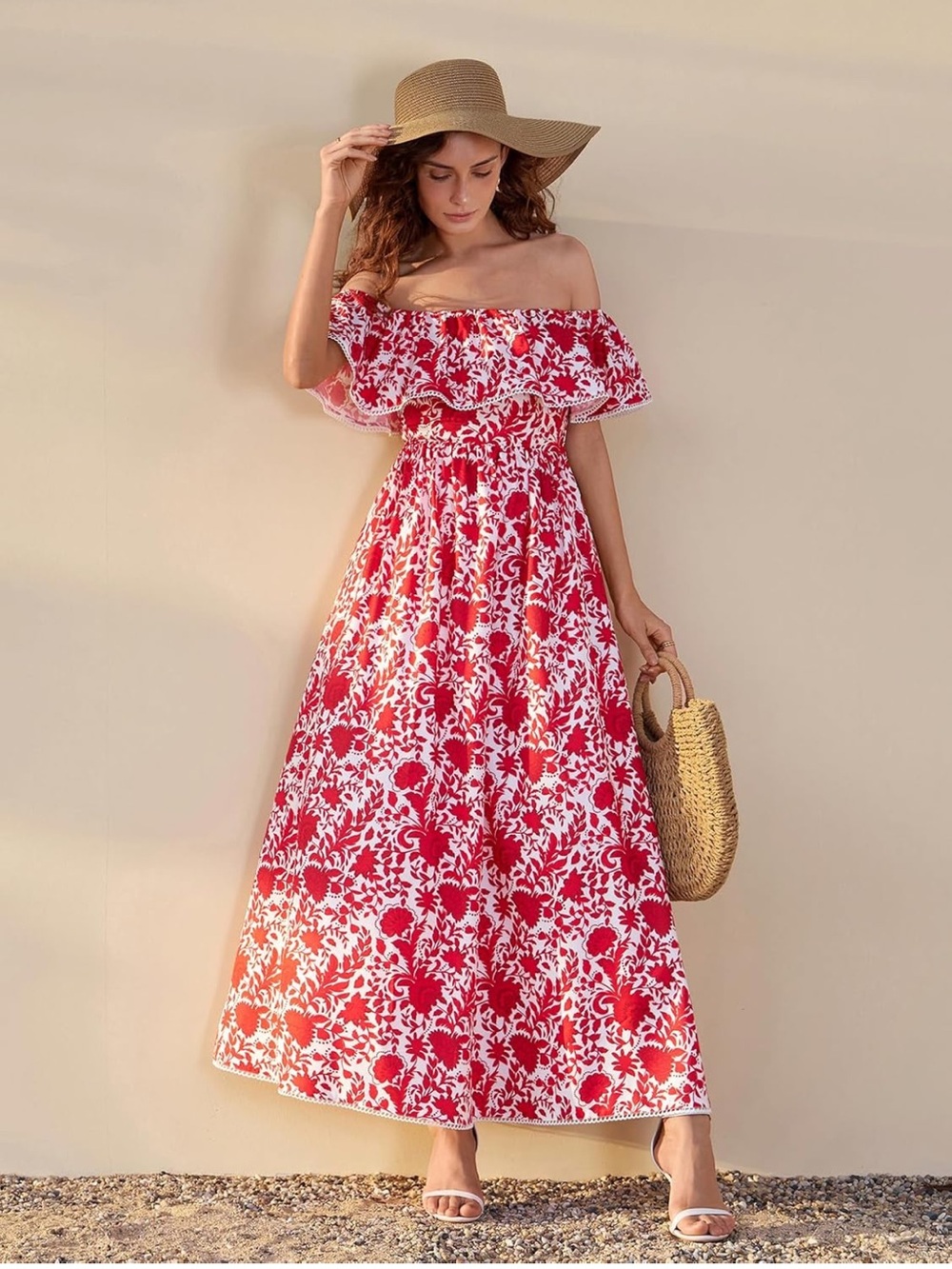 HTZMO Womens Off Shoulder Floral Maxi Dress - Red and White - XL - NEW